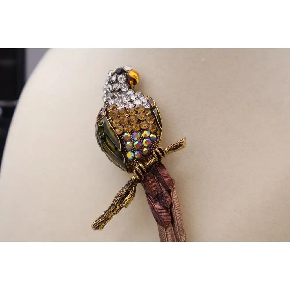 Vintage Parrot Bird Brooch Rhinestone Enamel Tropical Bird Pin Gold Tone 4”